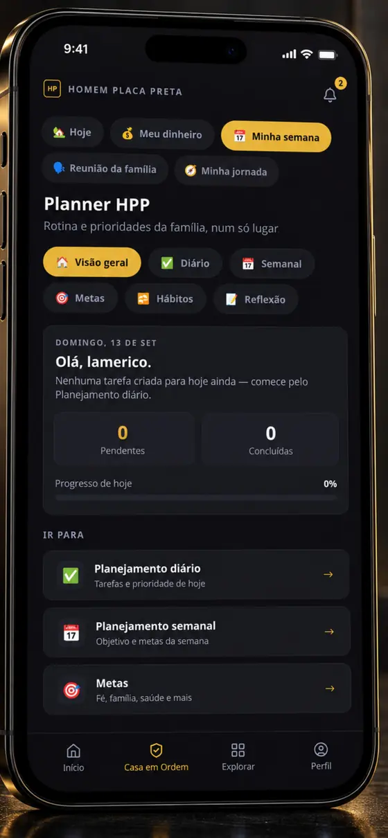 Tela Planner HPP com visão diária, semanal, metas, hábitos e reflexão